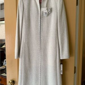 Tahari Ivory and Blue Tweed Long Jacket and skirt suit with matching blue shell
